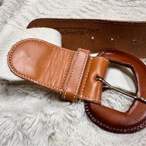 Talbots Wide Stretchy Cream Elastic / Brown Leather  Belt,  2.5" Wide, M-L